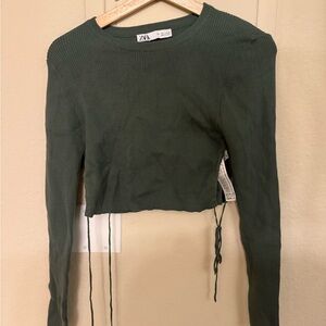 Zara Green Tie Front Long Sleeve Crop Top